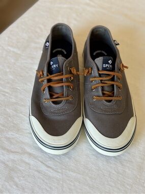 Women’s Sperry Grey Lounge 2 Leather Lace Memory Foam Canvas Upper Topsiders S7